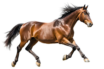 Obraz premium Athletic brown horse galloping gracefully on a white background showcasing its power and beauty