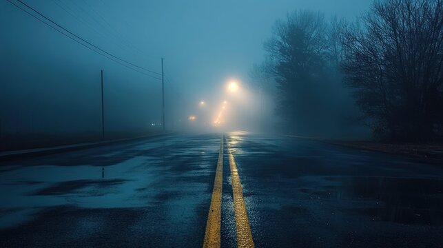 Wet deserted road at night illuminated by streetlights with heavy fog and barren trees along the roadside - Powered by Adobe