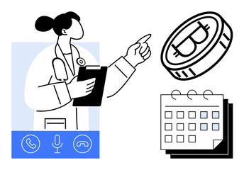 Female doctor holding clipboard, discussing bitcoin concept with coin, calendar, and virtual communication tools. Ideal for health tech, cryptocurrency, appointment scheduling, innovation