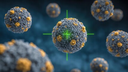 Textured spheres yellow spots green crosshair targeting dark blue background data precision