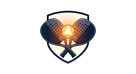 Padel tennis club badge emblem featuring rackets crossed behind glowing ball