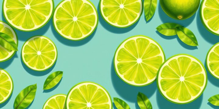 Vibrant lime slices, halves & whole limes in creative vector illustrations Summer fruit designs for posters, cards,  graphic,  refreshing