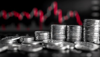 Stacks of coins rise against a backdrop of a falling red stock market graph, symbolizing financial downturn or economic instability.