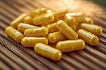 Close-up of yellow capsules filled with granules scattered on a wooden surface under warm light