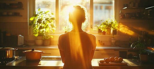 Person sitting in a sunlit kitchen with sunlight streaming through the window illuminating various plants and kitchen utensils