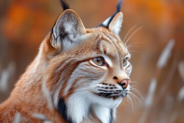 Obraz premium Close-up of a calm wild lynx with tufted ears and detailed fur against a blurred autumn background