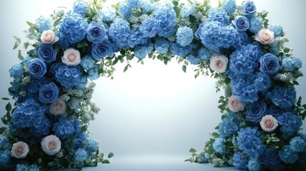 Elegant arch made of vibrant blue and soft pink flowers with lush greenery on a light background creating a serene and joyful atmosphere