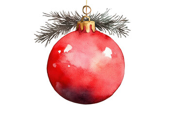 Colorful watercolor depiction of a red Christmas ornament adorned with green pine branches, perfect for celebrating the holiday season