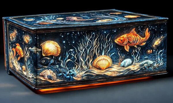 Ornate wooden box depicting underwater scene