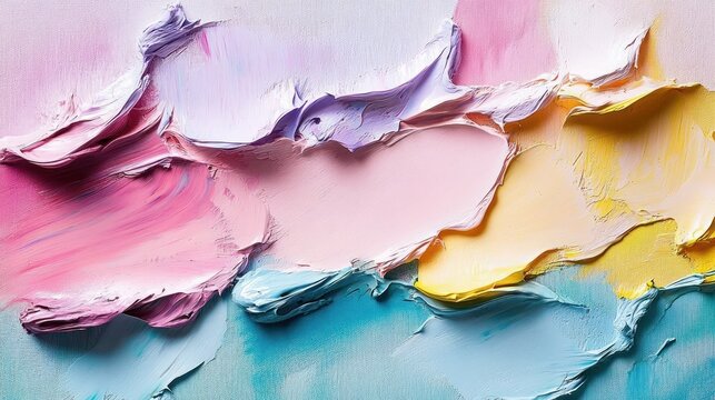 abstract close-up of textured thick paint strokes in pastel pink, purple, yellow, and blue hues creating a soft, flowing layered effect