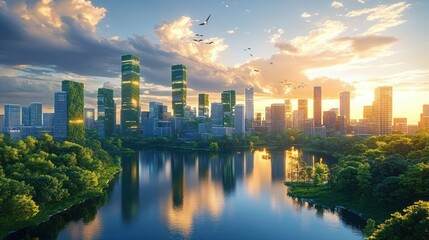 Sunset over a futuristic city skyline with skyscrapers partially covered in greenery reflecting on a calm river surrounded by lush trees and flying birds