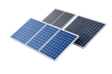 Solar panels arranged on a white background showcasing different shades and designs for energy generation