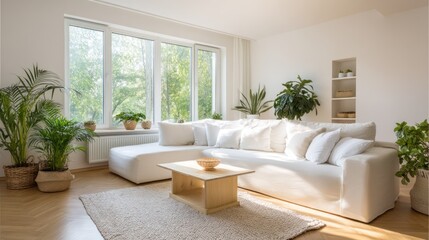 Obraz premium Scandinavian-style living room with white walls and warm natural lighting