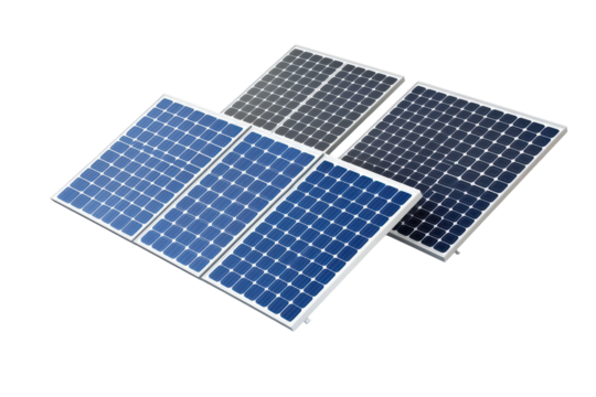 Solar panels arranged on a white background showcasing different shades and designs for energy generation