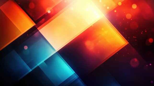 Colorful abstract geometric shapes with glowing orange, red, yellow, and blue rectangles against a dark background creating a dynamic and vibrant atmosphere