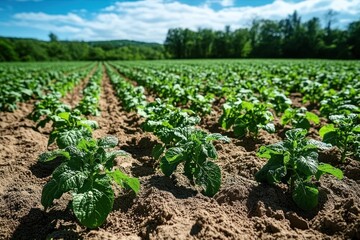 Vibrant green crops growing in neat rows in a sunny agricultural field with a backdrop of dense trees and a blue sky with scattered clouds