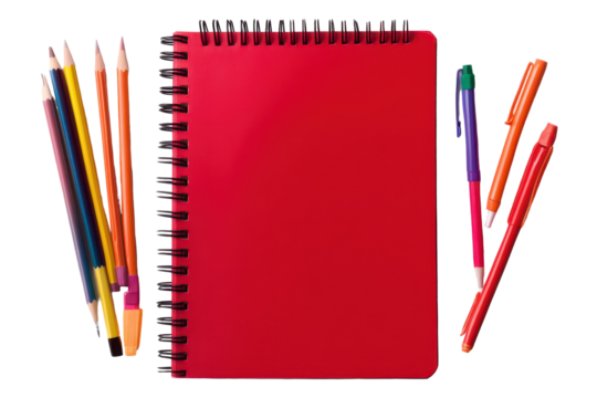 Back to school with a blank red notebook surrounded by colorful pencils and pens on a clean surface ready for study