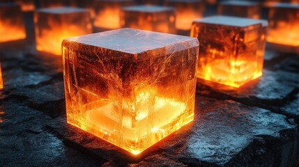 Glowing orange translucent cubes emitting warm light placed on a dark textured surface with an intense, fiery atmosphere