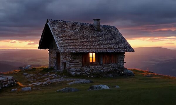 Mountaintop cabin at sunset  Warm light from a window illuminates a rustic stone dwelling perched atop a grassy hill Dra