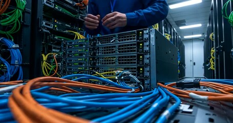 Technician Managing Server Connections in Data Center - Powered by Adobe
