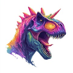 Naklejka premium Vivid dinosaur head in vibrant colors showcasing a unique mythical blend of dinosaur and unicorn features