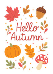 Hello Autumn seasonal design – cheerful pumpkin, leaves, mushroom, and acorn illustration for greeting cards, invitations, and harvest celebrations.