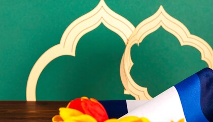 Ramadan Kareem decoration with mosque silhouette, tulip flowers and Estonian flag