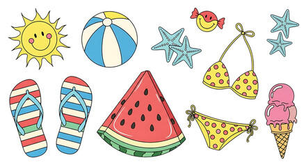 Groovy summer themed vector illustration featuring beach essentials and treats