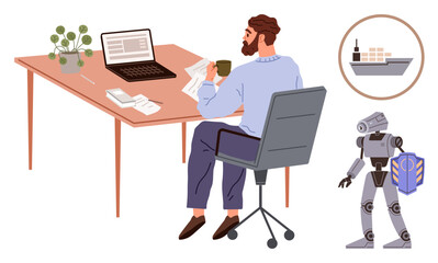Fototapeta premium Man reading documents at desk with laptop, coffee cup, and plant robot standing nearby and ship concept in bubble. Ideal for remote work, automation, technology, innovation, logistics, planning