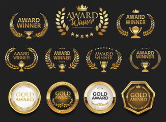 Award Winner emblem collection of gold laurel wreath and badges and labels isolated on black background 