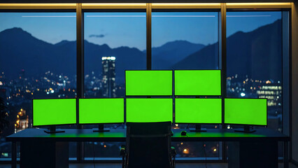 Futuristic command center with multiple green screen monitors for data visualization overlooking a mountain cityscape at dusk