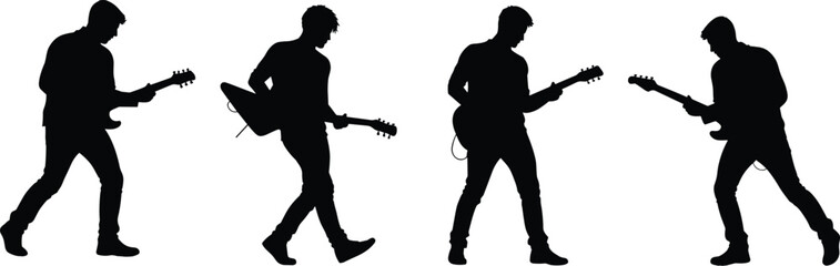 Silhouettes of four male guitarists playing electric guitars, dynamic poses, rock band performance, live music show, music entertainment illustration.