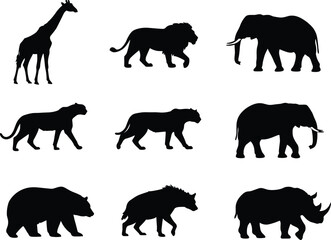 African safari animal silhouette collection, diverse wild beasts including elephant, lion, giraffe, and rhino, cad drawing flat vector illustration.