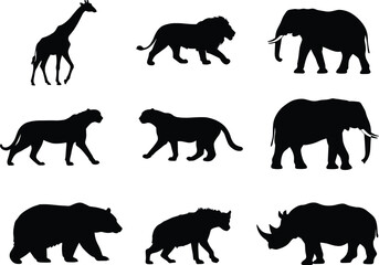 African safari animal silhouette collection, diverse wild beasts including elephant, lion, giraffe, and rhino, cad drawing flat vector illustration.