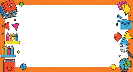 Animated educational border with books, crayons, geometry, graduation cap and