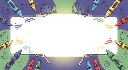 Fototapeta premium Colorful crayon frame design with book and sketch vector back to school theme