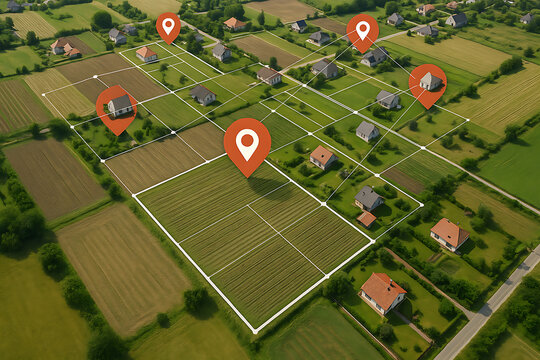 Real estate farmland mapping showing land division by plots with houses fields and geolocation markers above