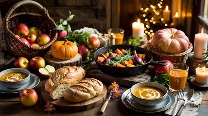 Naklejka premium Rustic autumn harvest spread arranged dark wooden table featuring roasted root vegetable cast iron skillet fresh baked bread loaf bowl of pumpkin soup cream swirl apple spilling wicker basket scene