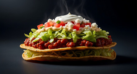 Photography of two stacked tostadas with visible crispy edges and colorful toppings