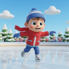 A cheerful boy enjoys ice skating on a sunny winter day