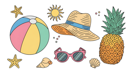 Colorful summer beach essentials cartoon style illustration on black backdrop