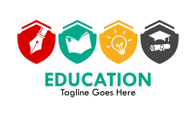 Minimalist and modern education logo with symbols of learning inside shields. Perfect for educational institutions, online courses, or tutoring businesses.