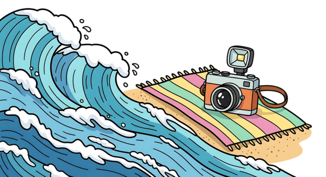 Oceanic waves meet vintage camera, evoking vacation dreams and photographic