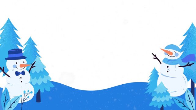 An animated winter scene featuring two smiling snowmen standing on either side of a blank white space, with snow-covered blue trees and a few falling snowflakes. Winter background vector