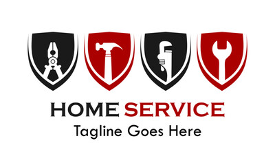 Professional home service logo featuring a shield with four different tools. Perfect for handyman, repair, and maintenance businesses. Clean, modern, and editable vector.
