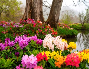Obraz premium Colorful rhododendron blossoms by a misty pond