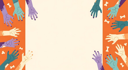 Spooky season frame: Cartoonish zombie arms and bone fragments on orange side