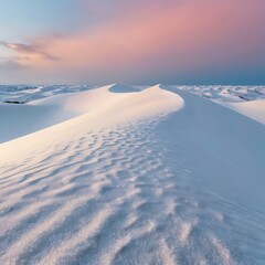 Serene sand dunes under a pastel sunset sky with rippling textures