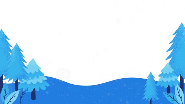 A simple animated winter background with bright blue, snow-covered trees and a gently sloping landscape, framed by a large blank white space. Winter background vector
