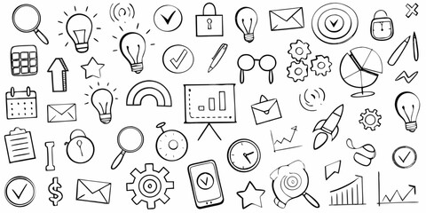 Collection of hand drawn business icons and symbols for strategy and success